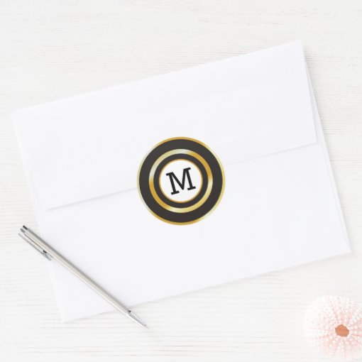 Black And Gold Monogram initial Classic Round Sticker Zazzle