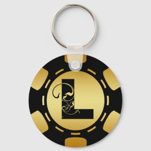 BLACK AND GOLD MONOGRAM LETTER L POKER CHIP KEYCHAIN