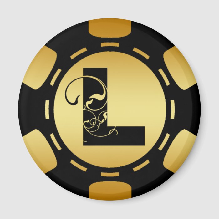 BLACK AND GOLD MONOGRAM LETTER L POKER CHIP FRIDGE MAGNETS