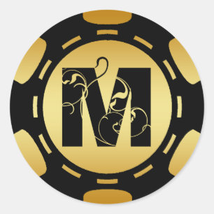 BLACK AND GOLD MONOGRAM LETTER M POKER CHIP CLASSIC ROUND STICKER