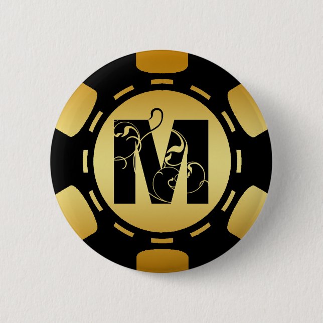 BLACK AND GOLD MONOGRAM LETTER M POKER CHIP PINBACK BUTTON (Front)