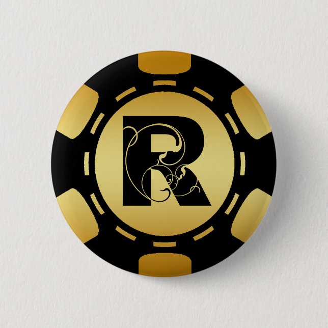 BLACK AND GOLD MONOGRAM LETTER R POKER CHIP BUTTON (Front)