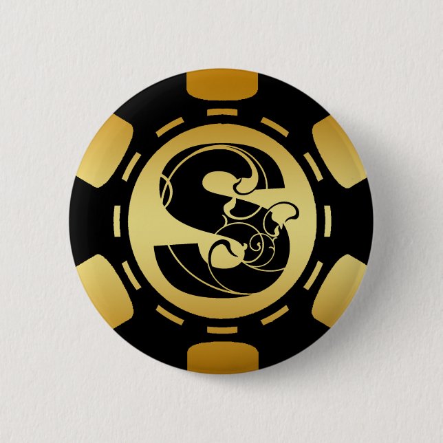 BLACK AND GOLD MONOGRAM LETTER S POKER CHIP BUTTON (Front)