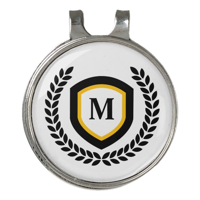Black and Gold Monogram Logo Crest Golf Hat Clip (Front)