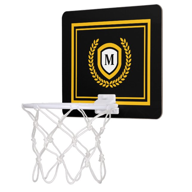 Black and Gold Monogram Logo Crest Mini Basketball Hoop (Left)