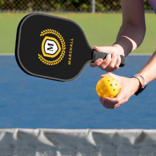 Black and Gold Monogram Logo Crest Pickleball Paddle