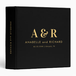 Black and Gold Monogram Minimalist Simple Wedding 3 Ring Binder