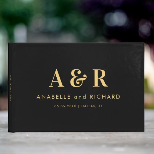 Black and Gold Monogram Minimalist Simple Wedding Guest Book