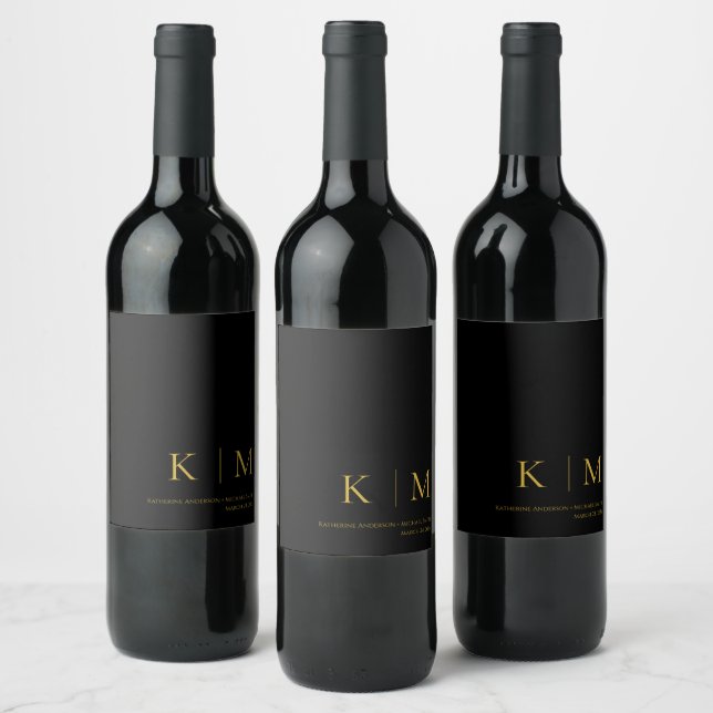 Black and Gold-Monogram-Modern Wedding- Wine Label (Bottles)
