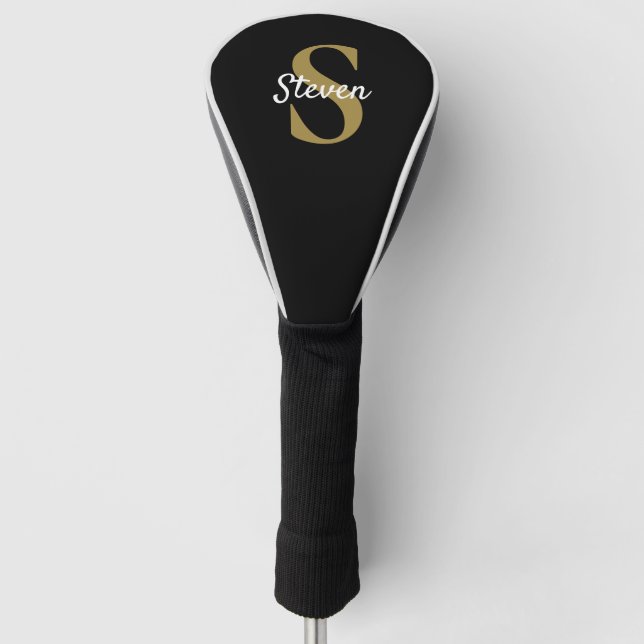 Black and Gold Monogram Name Simple Golf Head Cover (Front)