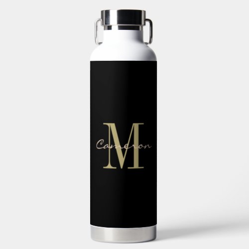 Black and Gold Monogram Personalized Gift Water Bottle