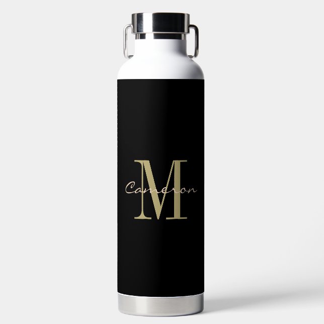 Black and Gold Monogram Personalized Gift Water Bottle (Front)