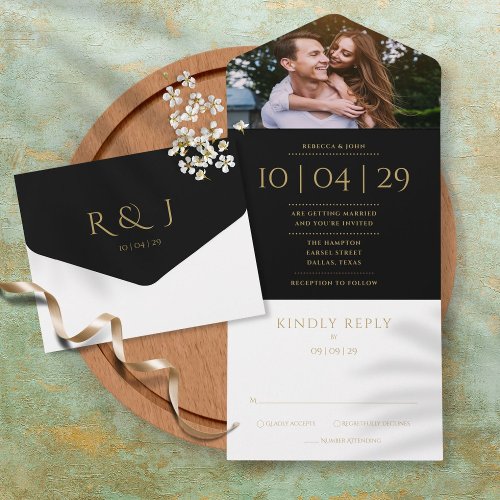 Black And Gold Monogram Photo Wedding Date  All In One Invitation