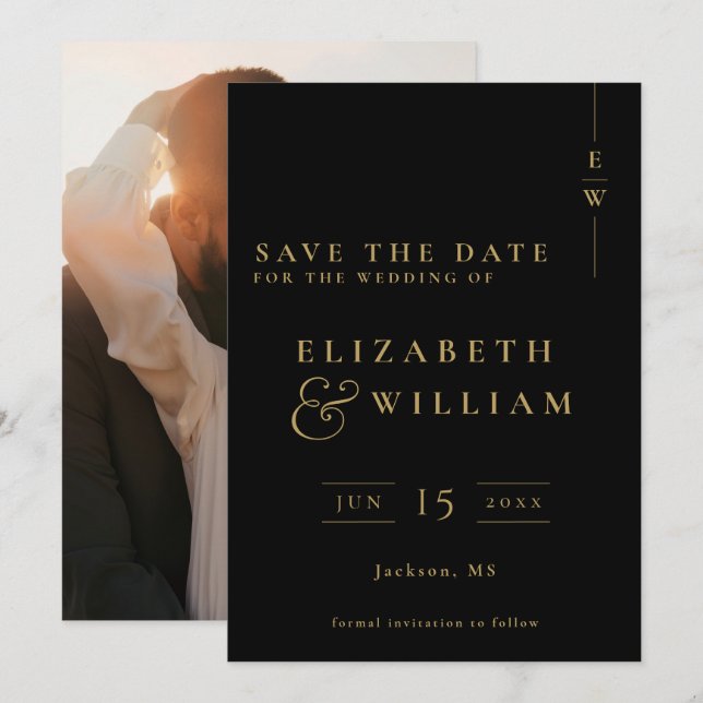 Black And Gold Monogram Photo Wedding Save The Date (Front/Back)