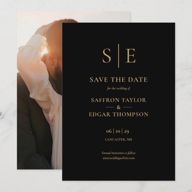 Black And Gold Monogram Photo Wedding Save The Date (Front/Back)