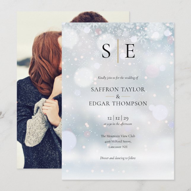 Black And Gold Monogram Photo Winter Wedding Invitation (Front/Back)