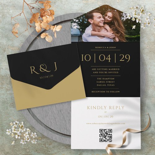 Black And Gold Monogram QR Code Photo Wedding Date All In One Invitation