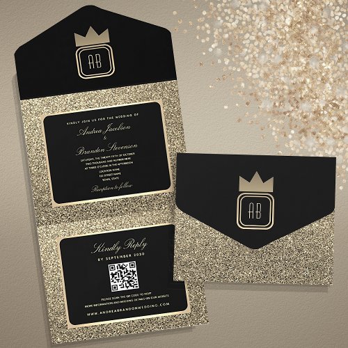 Black and Gold Monogram QR Code Wedding All In One Invitation