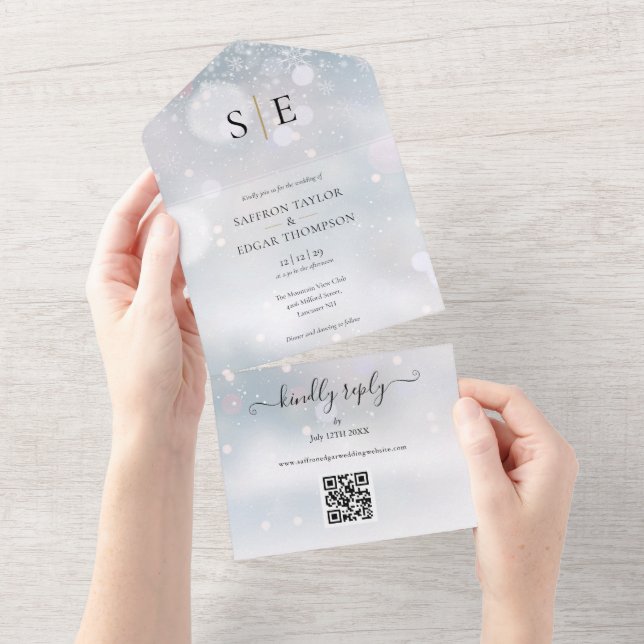 Black And Gold Monogram QR Code Winter Wedding All In One Invitation (Tearaway)
