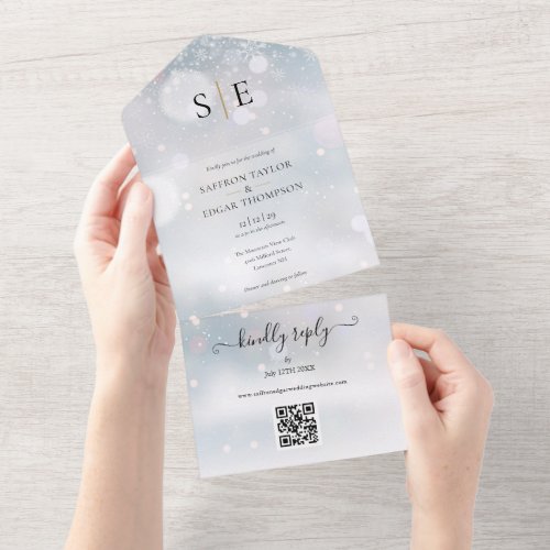 Black And Gold Monogram QR Code Winter Wedding All In One Invitation