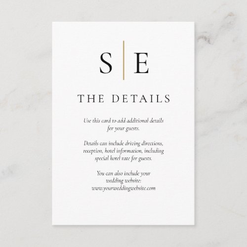 Black And Gold Monogram Simple Wedding Details Enclosure Card