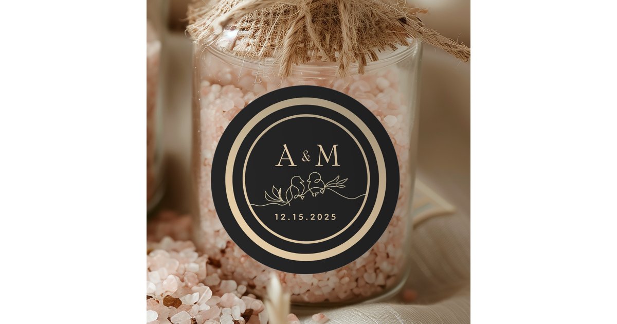 Black and Gold Monogram Wedding Favor Classic Round Sticker | Zazzle