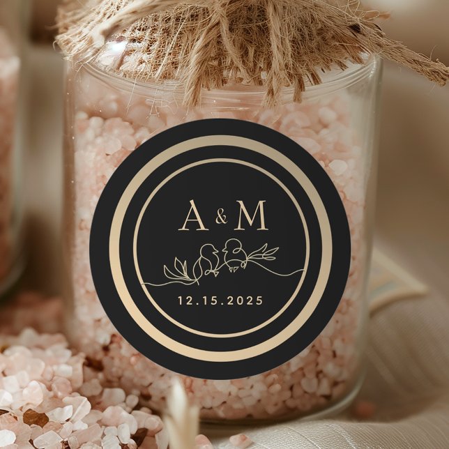 Black and Gold Monogram Wedding Favor Classic Round Sticker (Creator Uploaded)