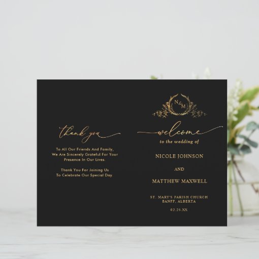 Black and Gold Monogram Wedding Folded Program Zazzle