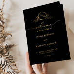 Black and Gold Monogram Wedding Folded Program<br><div class="desc">Welcome your guests with this elegant black and gold monogrammed wedding program with beautiful hand drawn monogram and modern and hand written calligraphy details in faux gold foil. Background in black. Ability to customize all areas to suit your needs. NOTE: this program arrives flat and require folding down the middle...</div>