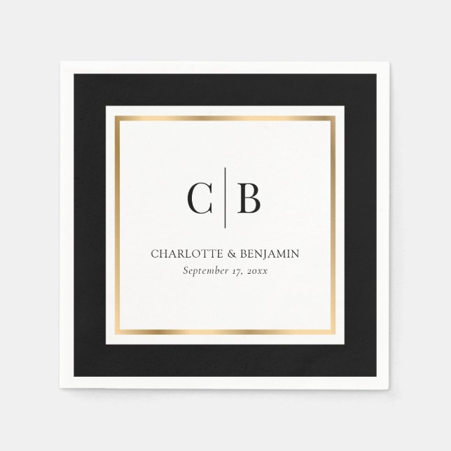 Black and Gold Monogram Wedding Napkins (Front)