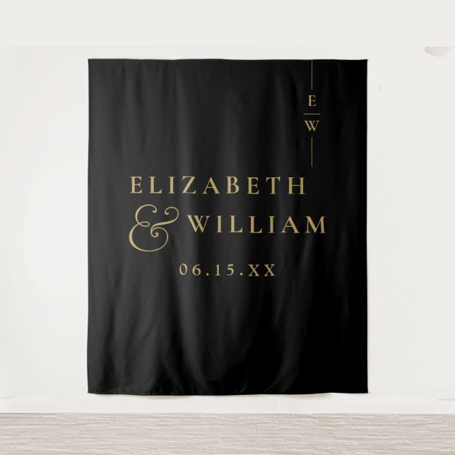 Black And Gold Monogram Wedding Photo Backdrop (Front)