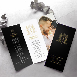 Black and gold monogram wedding program  brochure