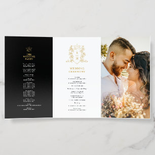 Black and gold monogram wedding program brochure