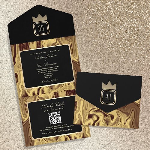 Black and Gold Monogram Wedding QR Code All In One Invitation