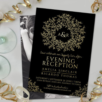 Black And Gold Monogram Wedding Reception Photo Foil Invitation by mylittleedenweddings at Zazzle