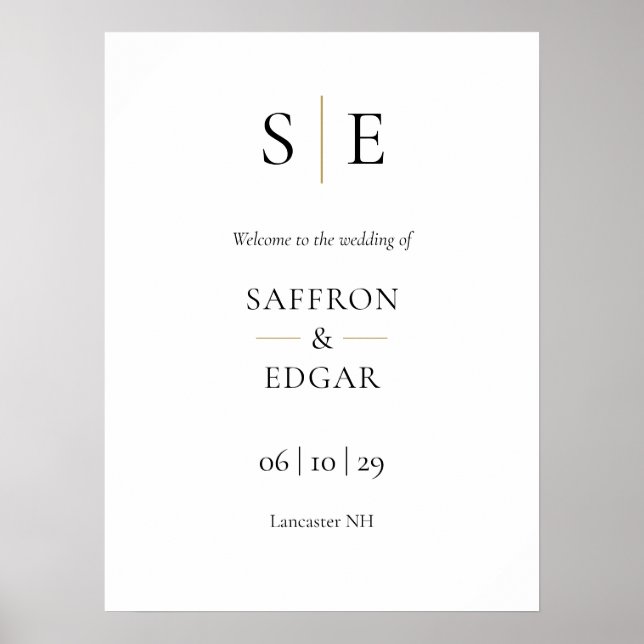 Black And Gold Monogram Wedding Welcome Sign (Front)