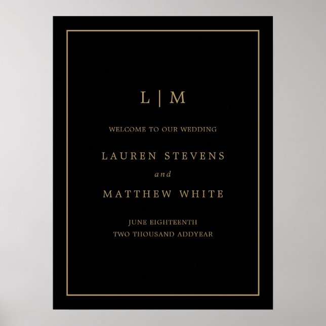 Black and Gold Monogram Wedding Welcome Sign (Front)
