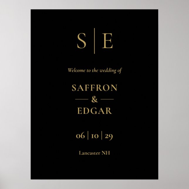 Black And Gold Monogram Wedding Welcome Sign (Front)