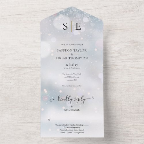 Black And Gold Monogram Winter Wedding All In One Invitation