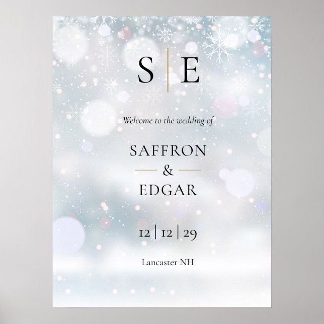 Black And Gold Monogram Winter Wedding Welcome Poster (Front)