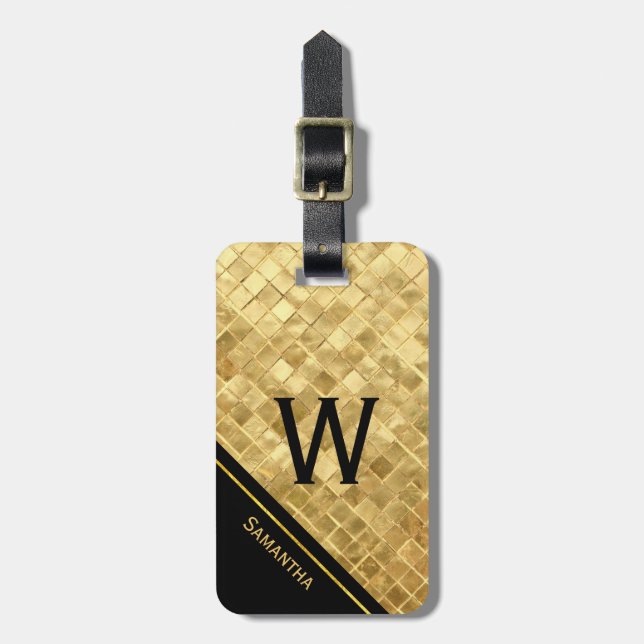 Black and Gold Monogrammed Luggage Tag (Front Vertical)