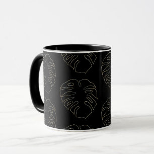 Black and Gold Monstera Leaf Pattern Coffee Mug