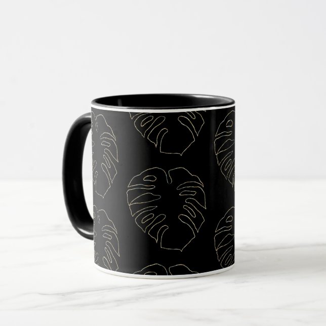 Black and Gold Monstera Leaf Pattern Coffee Mug (Front Left)