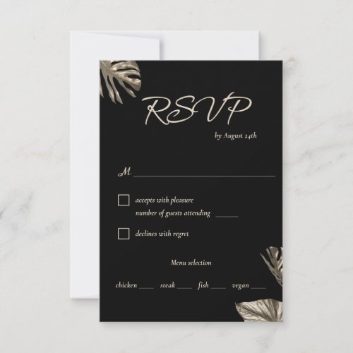 Black and Gold Monstera Wedding Meal Choice RSVP Card