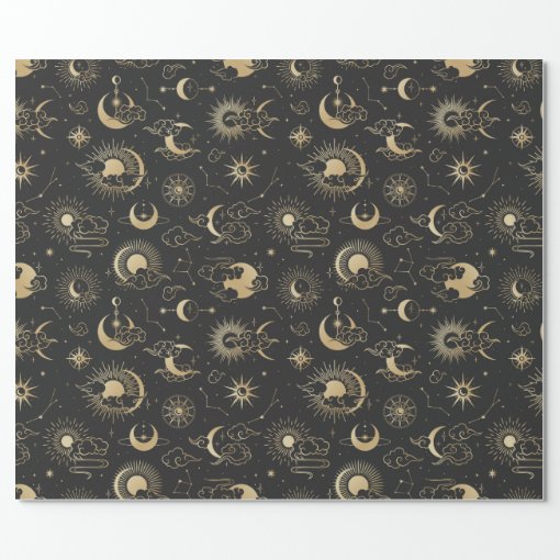 Black and Gold Moon Star Sun Astrology Art Wrapping Paper | Zazzle