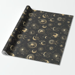 Black and Gold Moon Star Sun Astrology Art Wrapping Paper