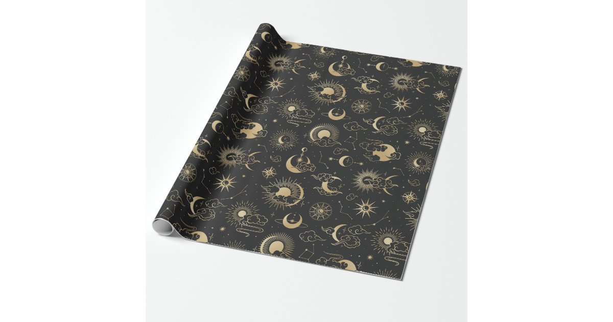 Black and Gold Moon Star Sun Astrology Art Wrapping Paper | Zazzle