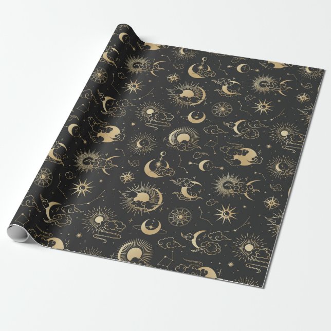 Black and Gold Moon Star Sun Astrology Art Wrapping Paper (Unrolled)