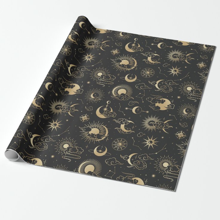 Black and Gold Moon Star Sun Astrology Art Wrapping Paper | Zazzle