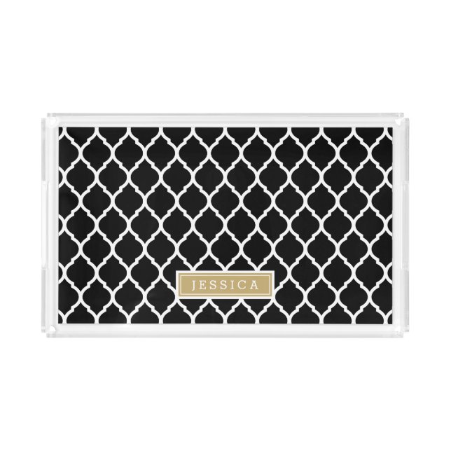 Black and Gold Moroccan Quatrefoil Monogram Acrylic Tray (Front)